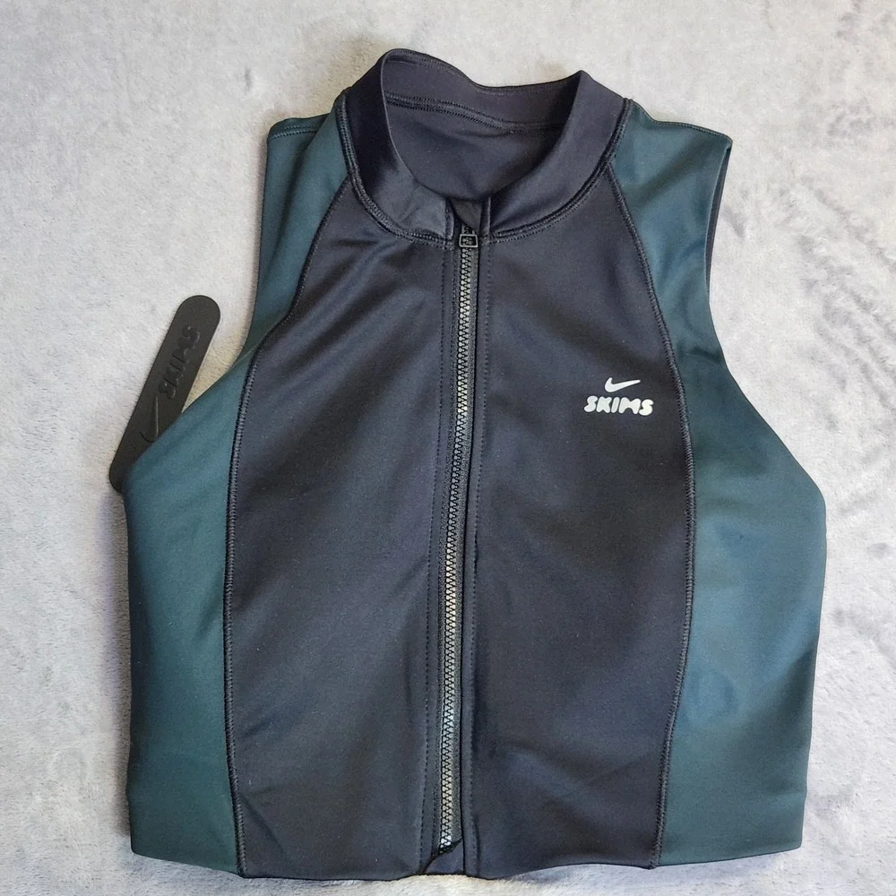 New Nike Skims Shine Color Block Zip Up Bra Obsidian Dark Teal Size XS Top